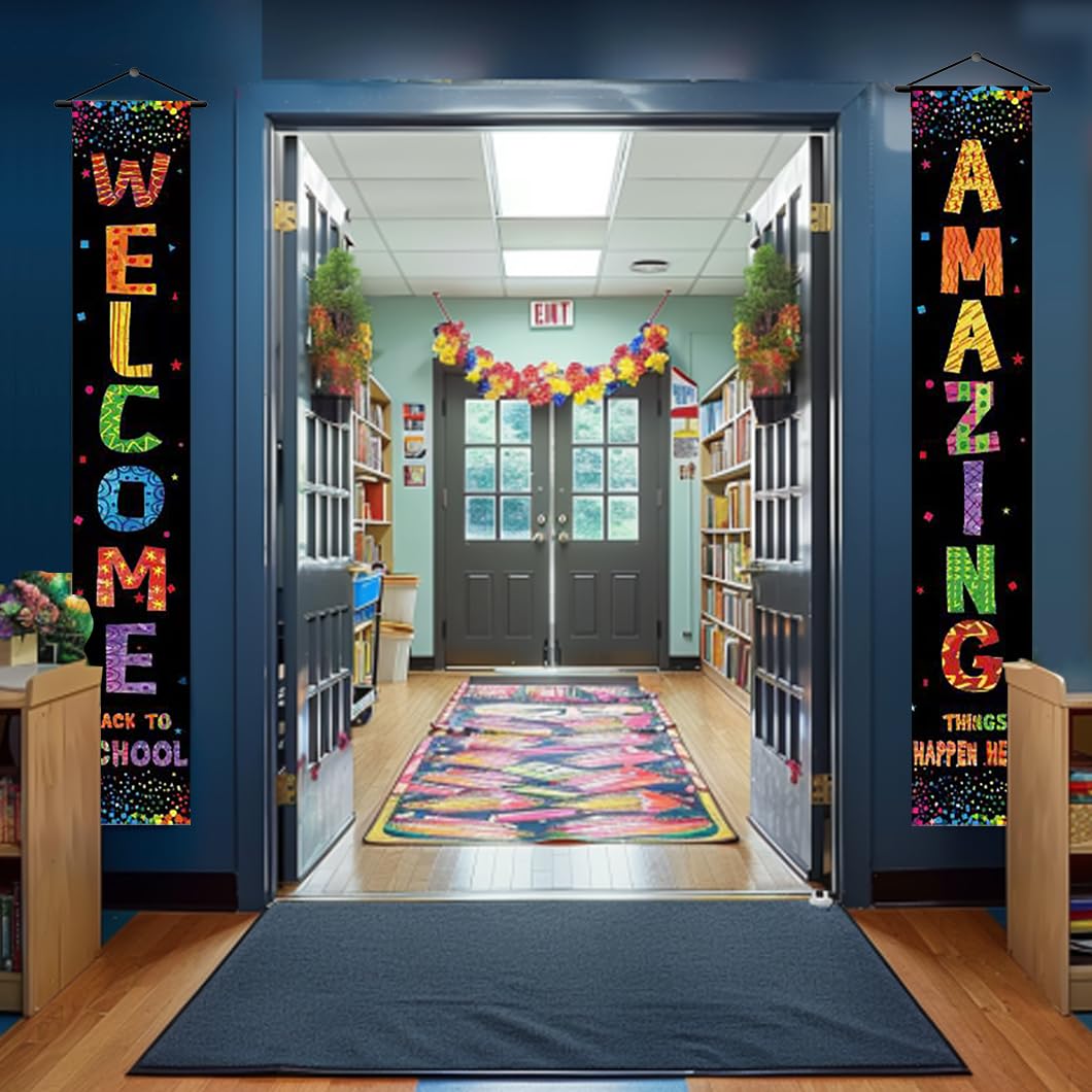 Welcome Back To School Door Banner Deocrations Corlorful Back To School Amazing Things Happen Here Banner Sign Decor For Kinderg