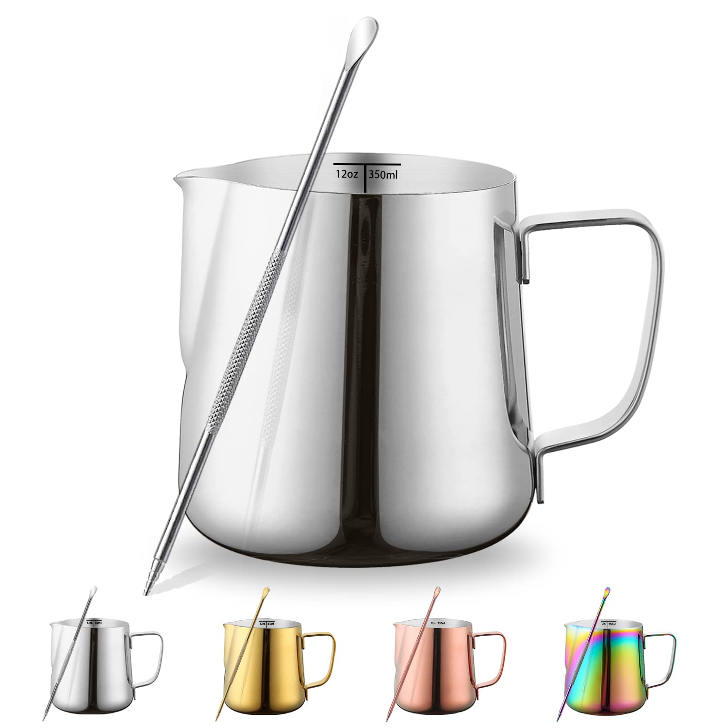 Milk Frothing Pitcher 12Oz - 350Ml, Kyraton Stainless Steel Espresso Steaming Pitchers With Decorating Pen,Milk Coffee Frother C