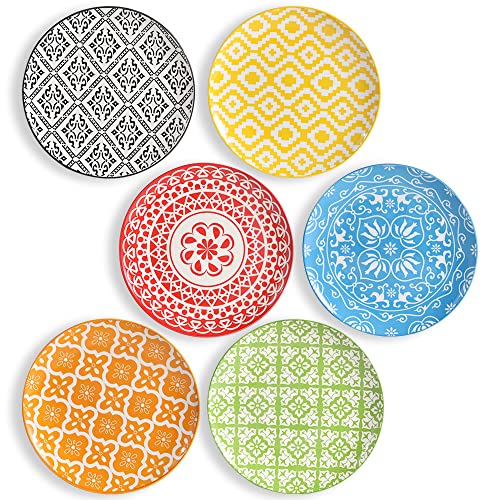 Plate Set 8 Inch - Salad Plates | Dessert Appetizer Plates Colorful - Porcelain Lunch Plates - Set Of 6 - Dishwasher And Microwa