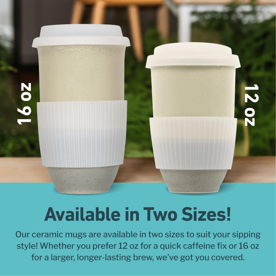 NOVA CERAMICS Travel Mug - Ceramic Coffee Mug With Lid - Microwave & Dishwasher Safe Coffee White & Grey Tumbler - Gifts For Wom