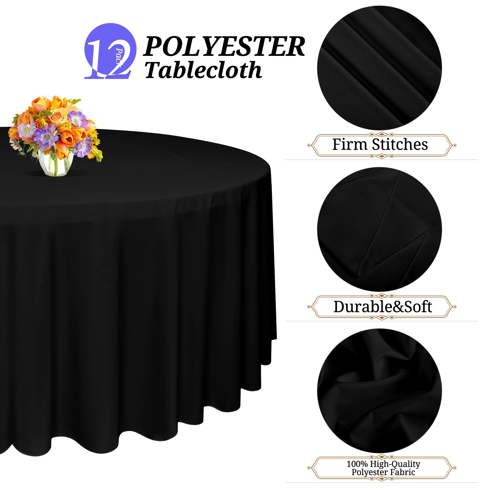 MTREO 12 Pack Round Tablecloth 90 Inch Polyester Round Table Cloths Black Wrinkle Resistant Washable Polyester Table Cloth Decorative Fabric Table Cover for Wedding Party Restaurant Buffet Table