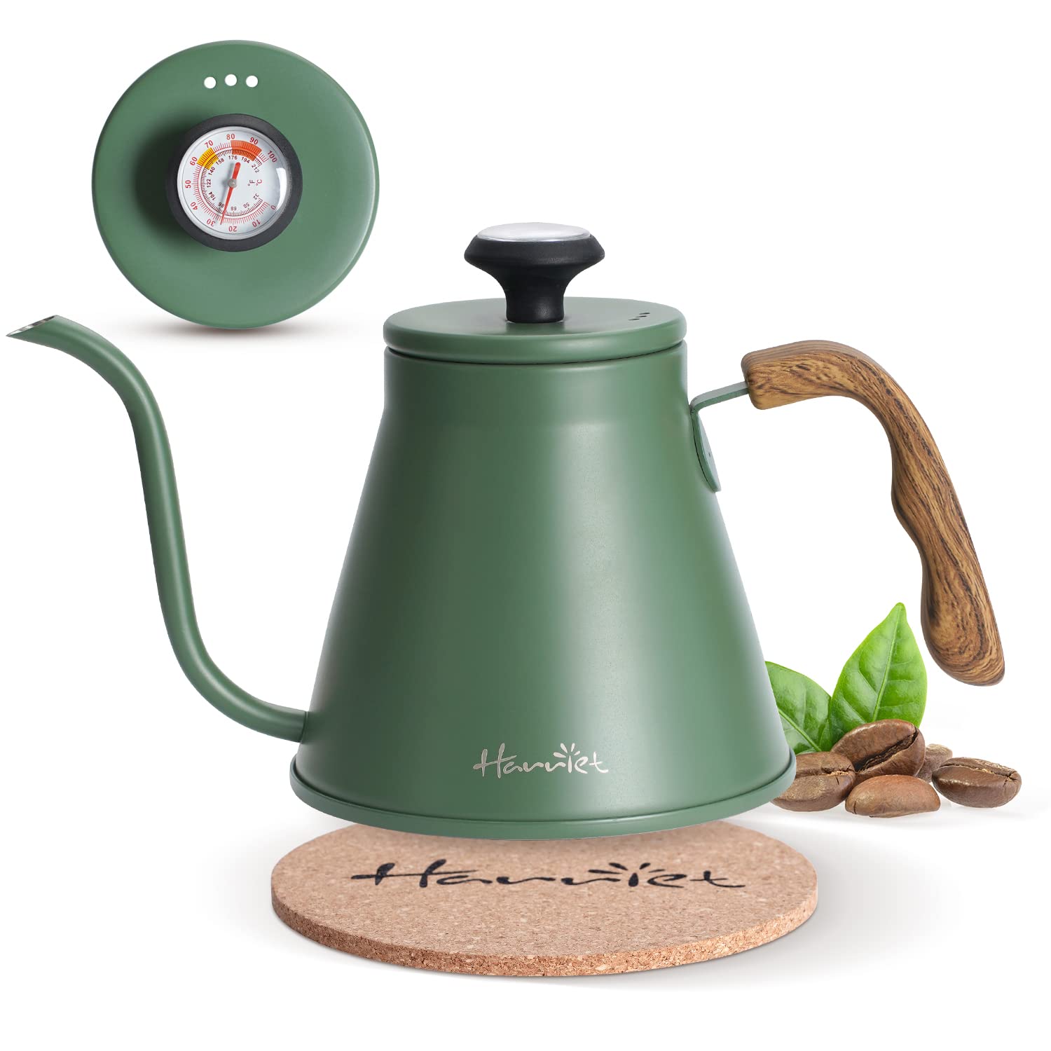 Harriet Gooseneck Pour Over Kettle, 37oz Stainless Steel with Thermometer & Anti-Hot Handle, for Coffee & Tea