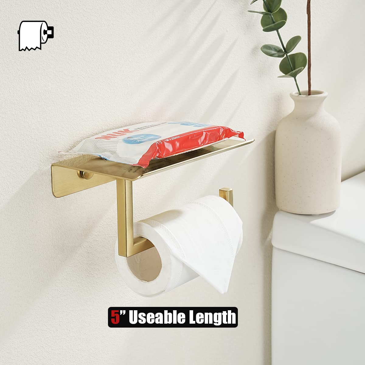 Jqk Toilet Paper Holder Shelf, Bathroom Tissue Roll Holder With Phone Shelf, 5 Inch 304 Stainless Steel Tissue Paper Dispenser,