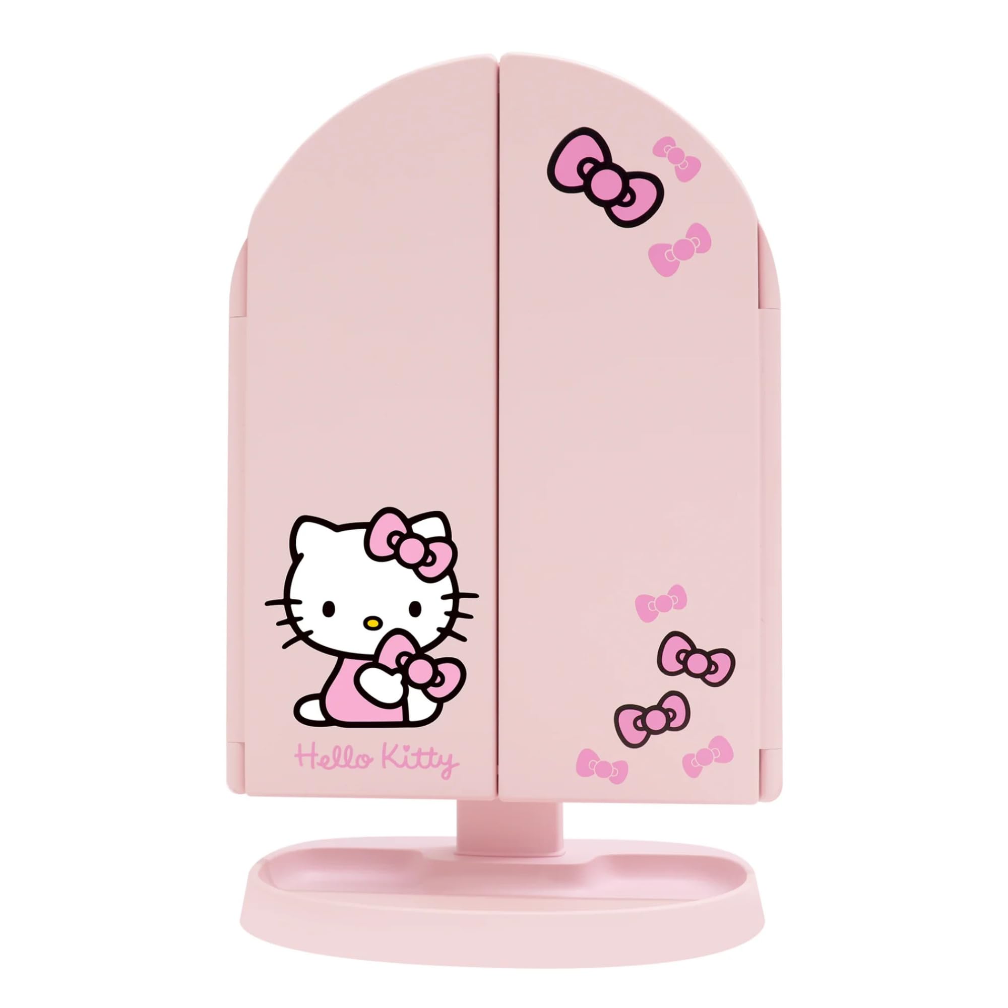 Impressions Vanity Hello Kitty Bow Arch Trifold LED Makeup Mirror for Desk, 3 Way View Foldable Vanity Mirror with Lights, 2X an
