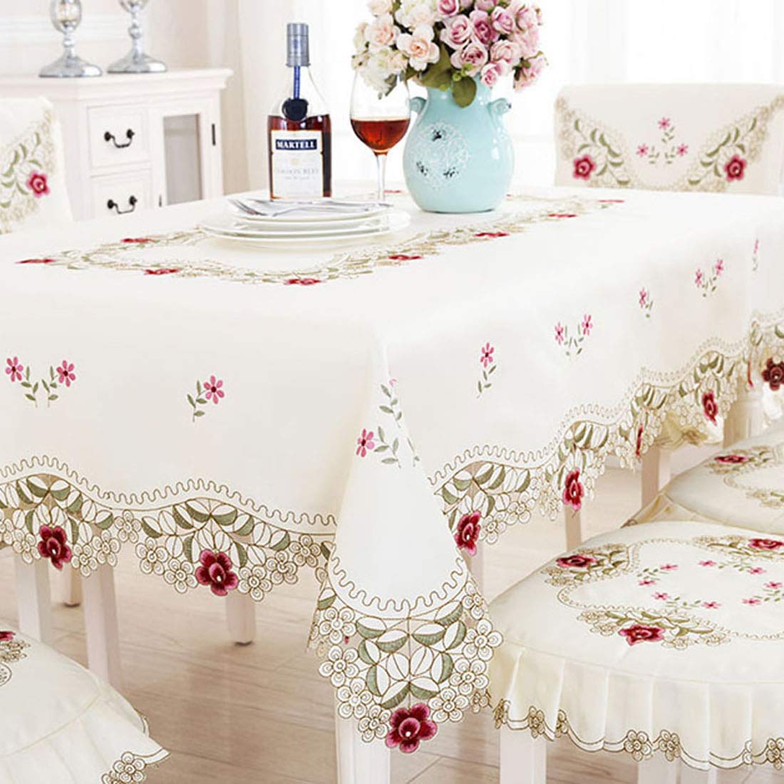 Lelehome 50 Inch Square Red Flower Embroidered Lace Cream Tablecloth, Vintage Classic Rose Table Cloth Cover For Dining Kitchen