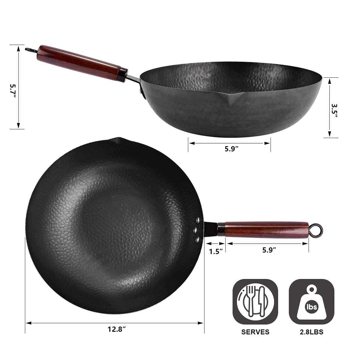 Leidawn 12.8" Carbon Steel Wok with Lid, 11-Piece Set, Black - Non-Chemical Coated for Electric, Induction, Gas Stoves