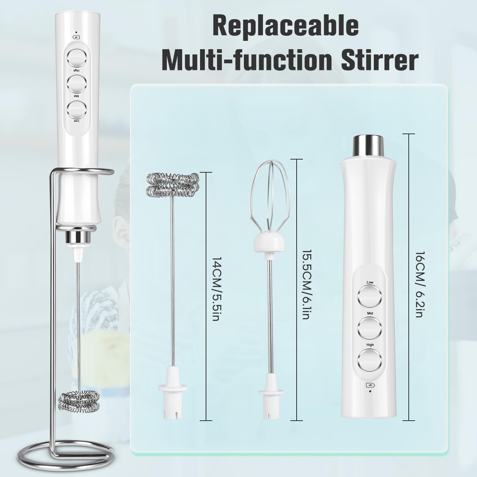 Rechargeable Milk Frother Handheld For Coffee, Stirrers Electric Whisk With Wall Mounted Stand, Drink Mixer Hand Frother Wand (M