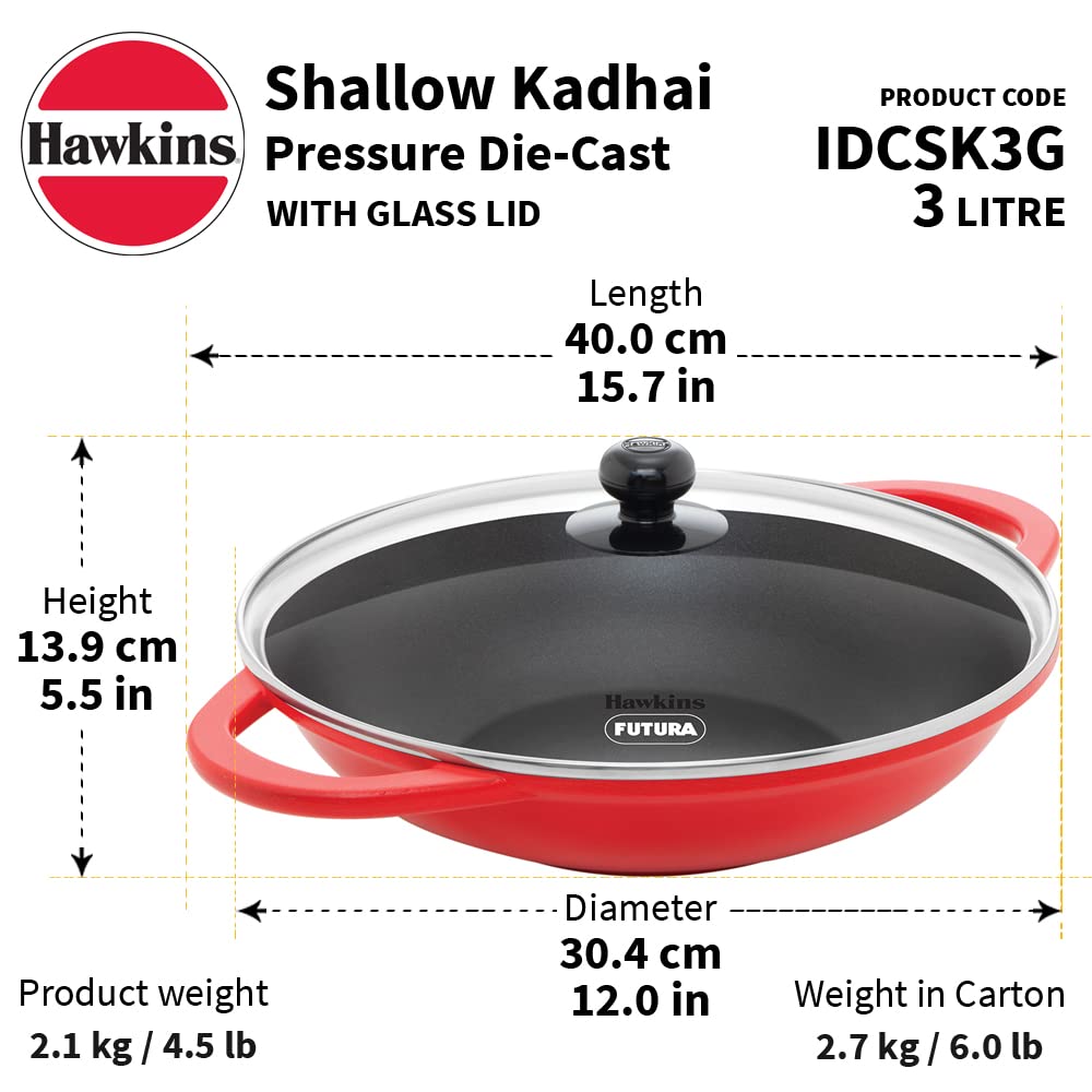 Hawkins 3 Litre Shallow Kadhai, Die Cast Non Stick Frying Pan With Glass Lid, Ceramic Coated Pan, Induction Shallow Frying Pan,