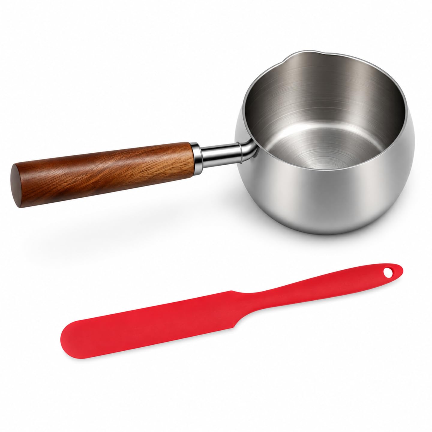 Kloahmo 500ml Stainless Steel Saucepan with Silicone Spatula, Mini Milk Pan with Wood Handle, Pour Spout & Measurement Marks, Tr