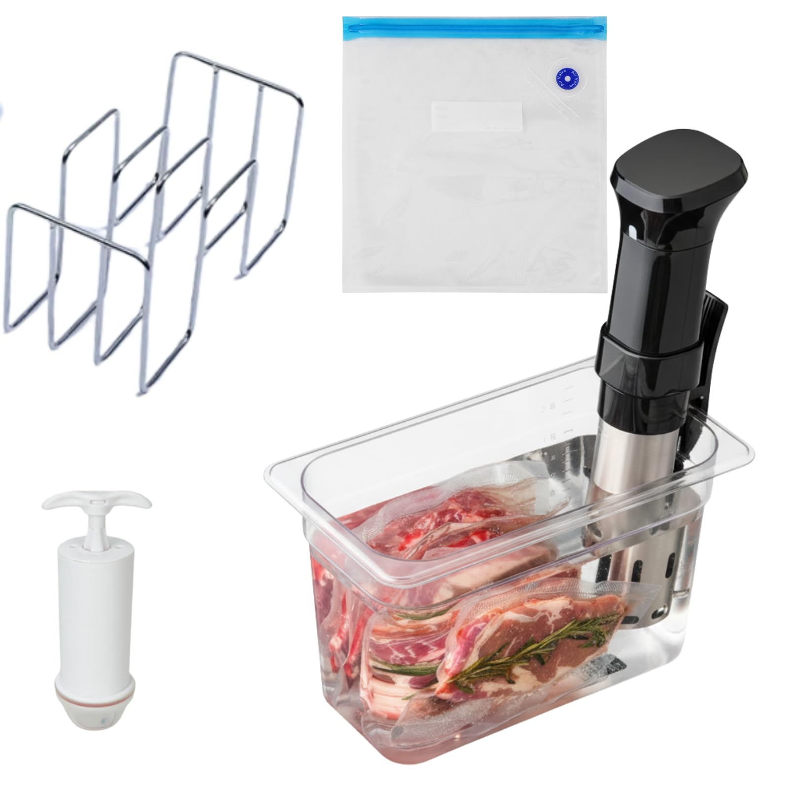 GOVNPJ Sous Vide Container  6qt Water Bath with Lid, Rack, Vacuum Bags & Hand Pump  12.8 x 7.9 x 6.9 Inch Sous Vide Kit Slow C