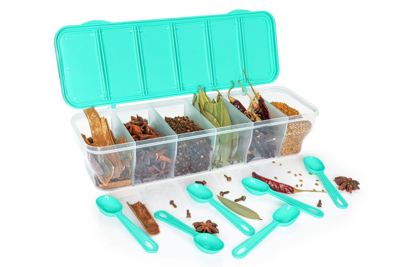 Multipurpose Masala Storage Container, 6 Compartment Spice Box with Measuring Spoons for Kitchen