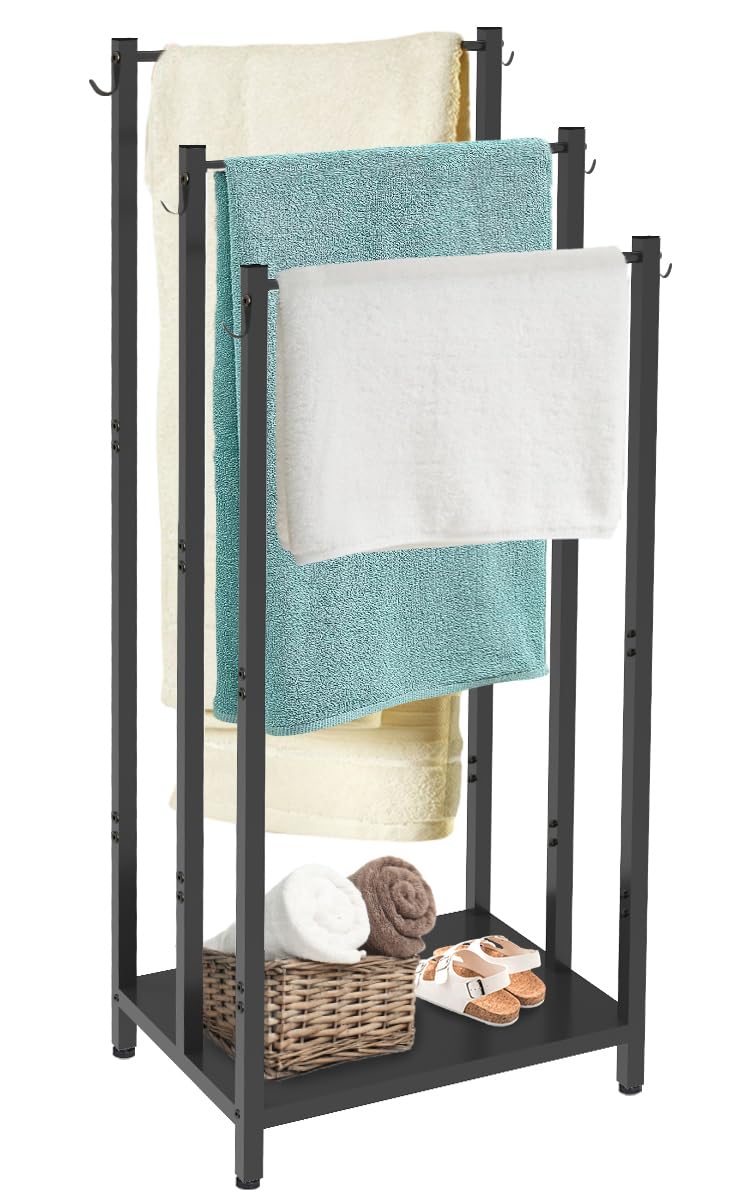 AnBaiMei 44 Inch Tall Free Standing Towel Rack with Metal Storage Shelf & 6 Hooks for Bathroom, 3 Tiers Heavy Duty Blanket Dryin