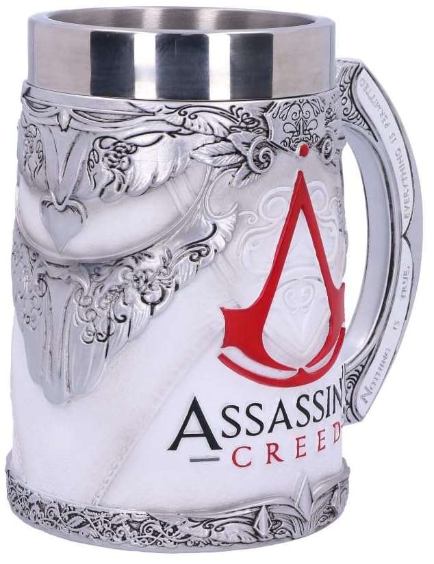Nemesis Now Assassin's Creed Tankard - Hand-Painted Resin Beer Mug with Stainless Steel Insert, 15.5cm, White