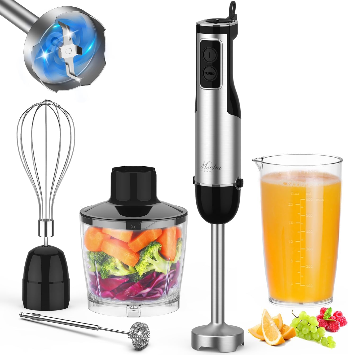 Immersion Blender Handheld, 1100W 5-In-1 Multi-Purpose Hand Blender, 12-Speed Stick Blender, 600Ml Beaker, 500Ml Chopper, Egg Wh