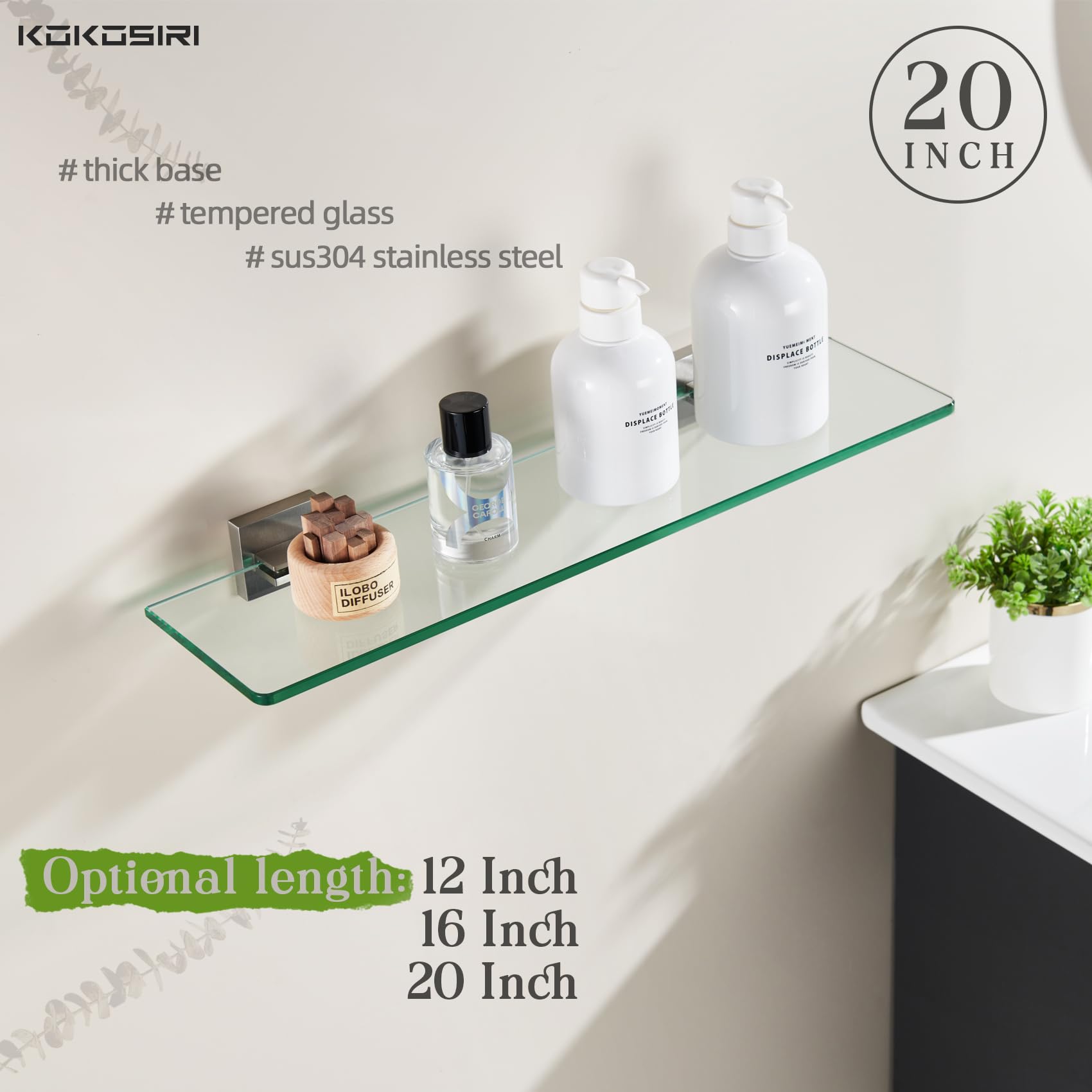 Kokosiri Wall Shelves Floating Bathroom Glass Shelf For Kitchen Storage, 20'' X 5.6'' Tempered Glass Wall Mounted Brushed Stainl