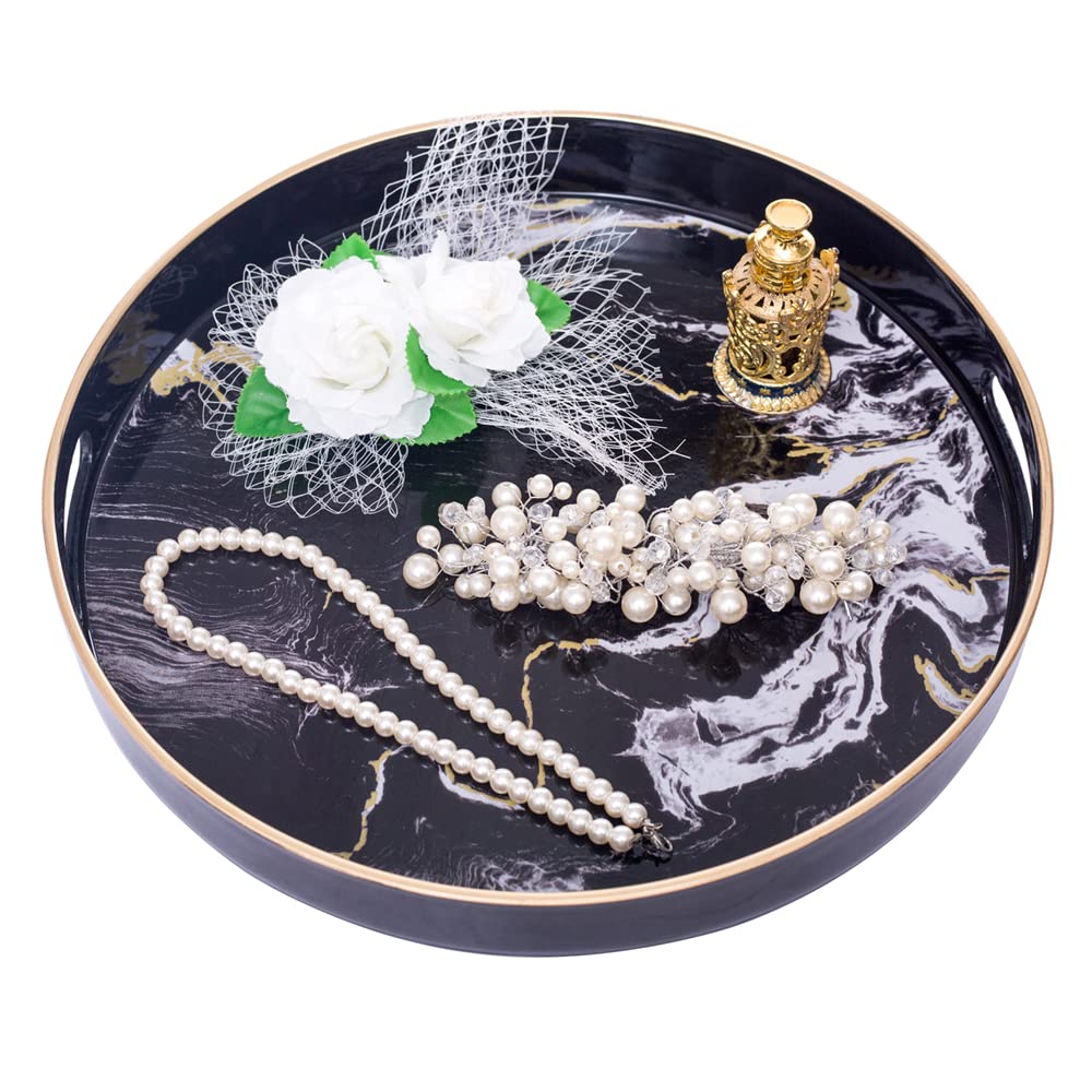 MAONAME 13'' Round Decorative Tray  Marbling Plastic Tray with Handles  Coffee Table Tray and Serving Tray for Ottoman  Kitchen  Bathroom  Black