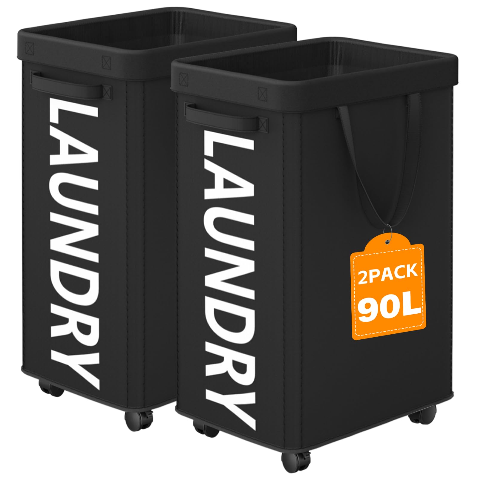 Optish 2 Pack 90L Rolling Laundry Basket With Wheels, 29 In Hamper With Wheels And Removable Mesh Bag, Black Laundry Baskets On