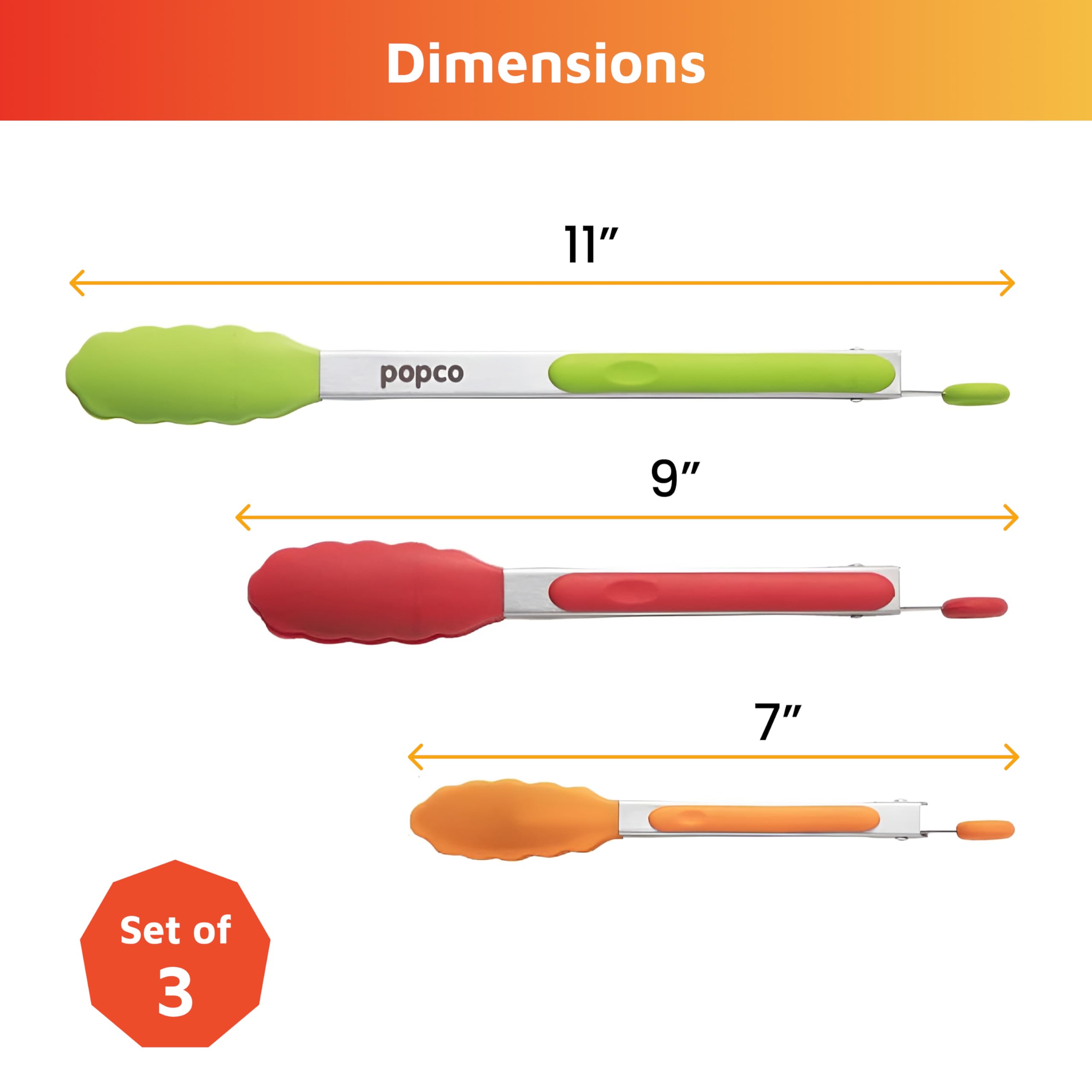 Popco Silicone Tongs for Cooking (3 food tongs x 7/9/12'') Heavy Duty Stainless Steel BBQ Kitchen Tongs for Cooking  Grilling  Cooking Tongs  Kitchen Tongs with Silicone Tips  Salad Tongs  Rubber Tongs