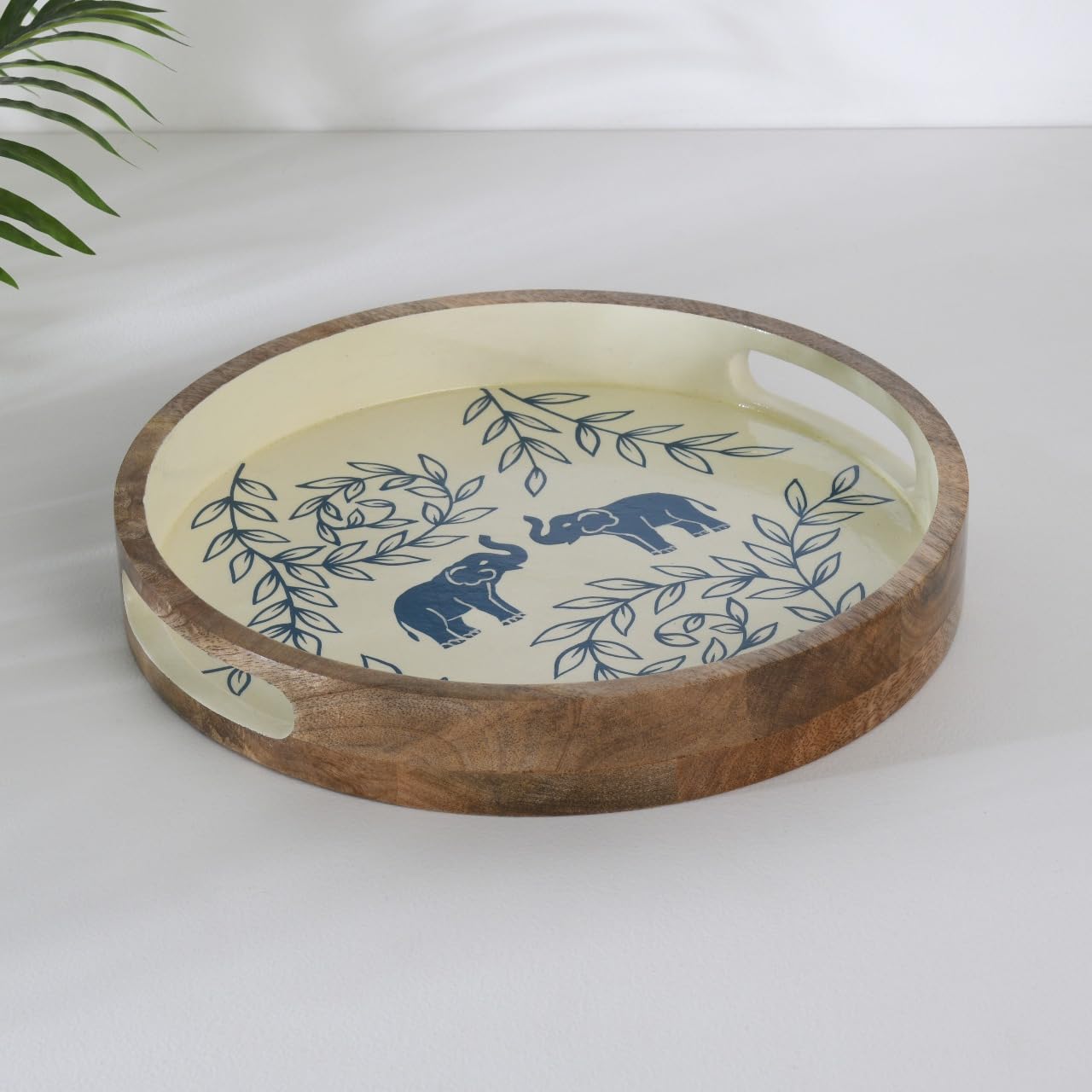 Wood Curls Handcrafted Wooden Round Serving Tray With Elephant & Leaf Motif  HandPainted Decorative Tray With Cutout Handles F