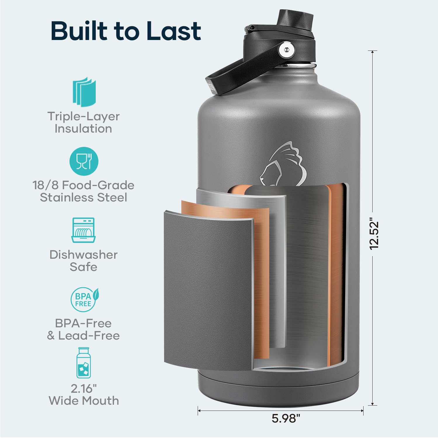 BUZIO Gallon Water Bottle Insulated, 128 oz Large Water Jug Vacuum Stainless Steel Big Metal Flask (Cold for 48 Hrs), Leak Proof