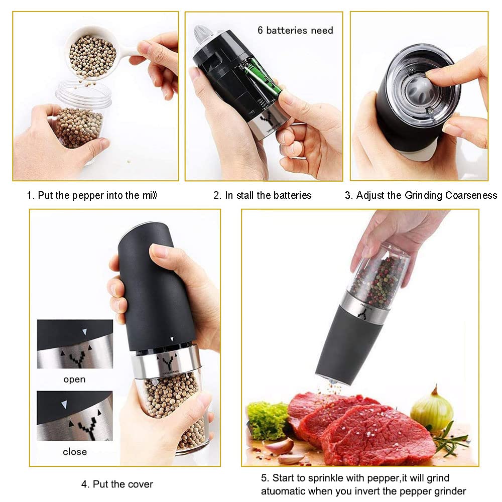 Yayayoung Gravity Electric Grinder Set Of 2,Automatic Pepper And Salt Mill Grinder With Blue Led Light,Electric Pepper Mill With