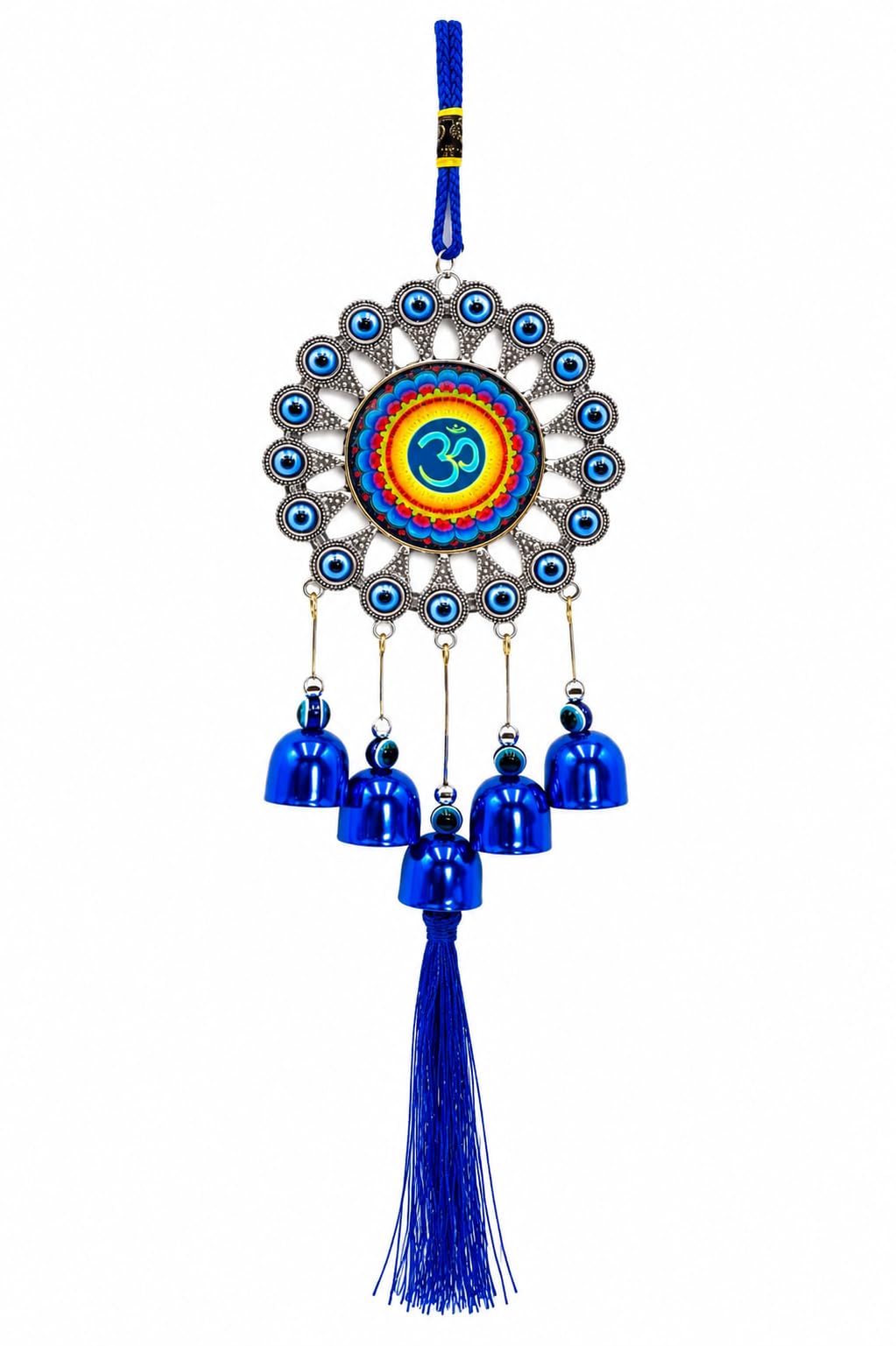 Om Evil Eye Hanging with Bells & Tassel | Nazar Suraksha Wall Hanging for Home Entrance Door | Decorative Om Wind Chime Hanging 