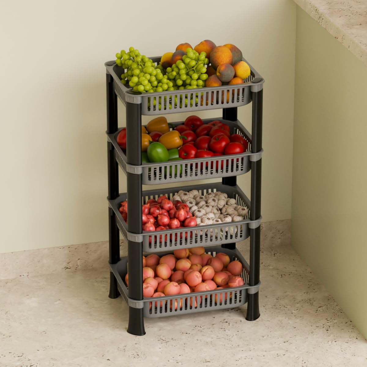Biltoxi Kitchen Racks Plastic, Vegetable Basket Stand, Plastic Rack Office, Fruits Onion Stand for Kitchen (Grey Color, 4 Layer)