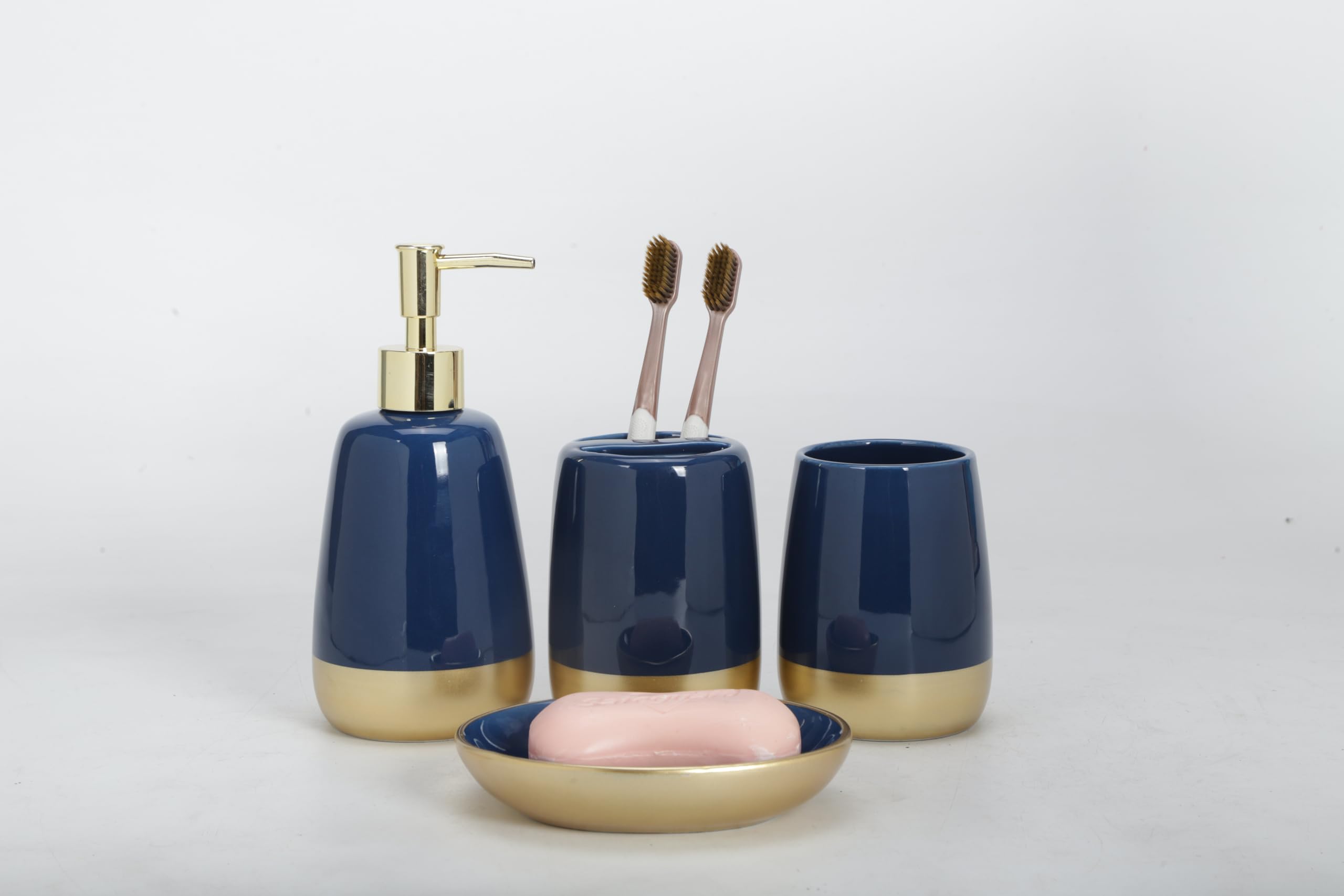 Navy Blue Gold Luxury Bathroom Accessories Set 4 Pieces,Vanity Countertop Ceramic Accessory Set For Bathroom Decor With Soap Dis