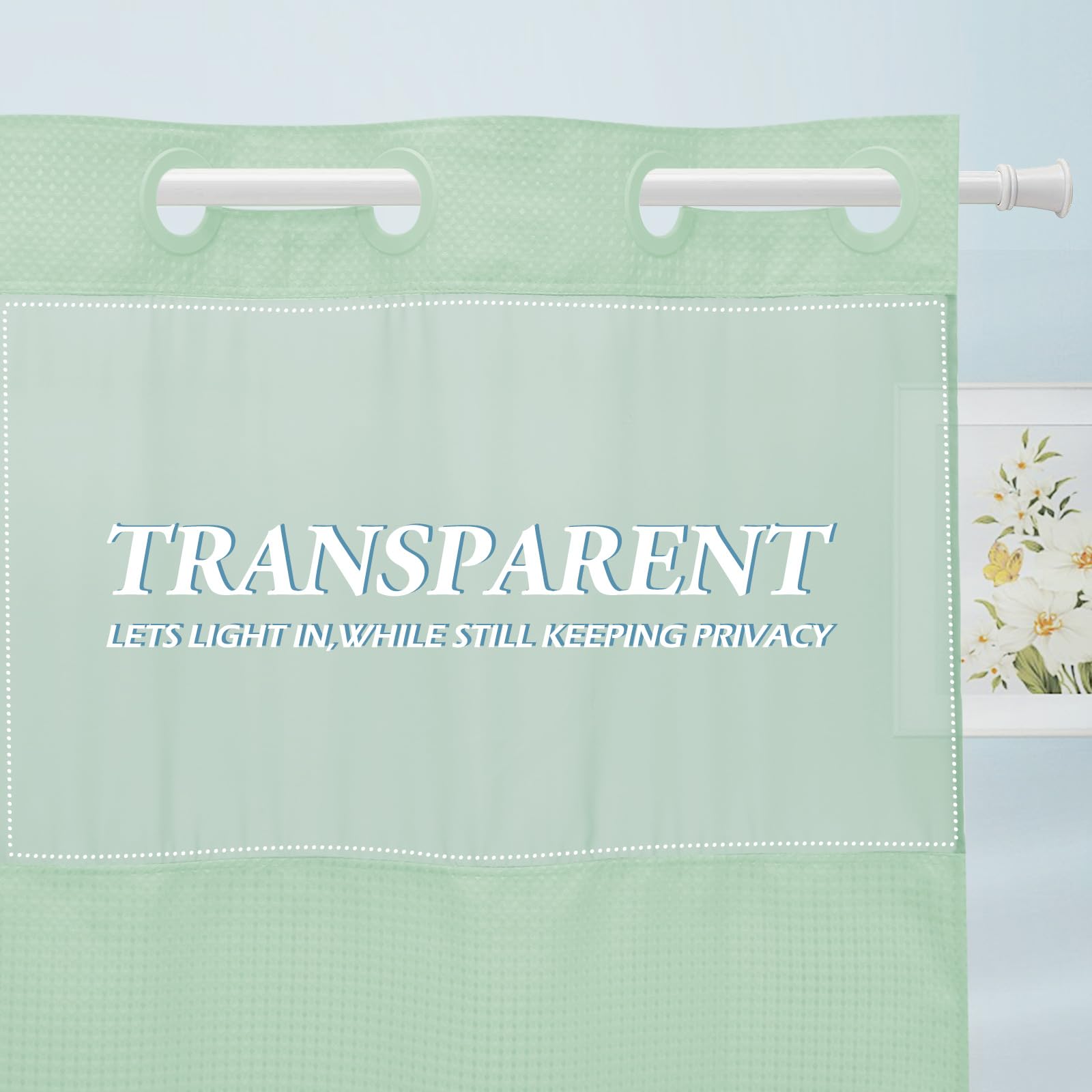Eutxl Mint Green Long No Hook Shower Curtain With Snap In Liner,230Gsm Waffle Weave Shower Curtains For Bathroom,71W X 86H