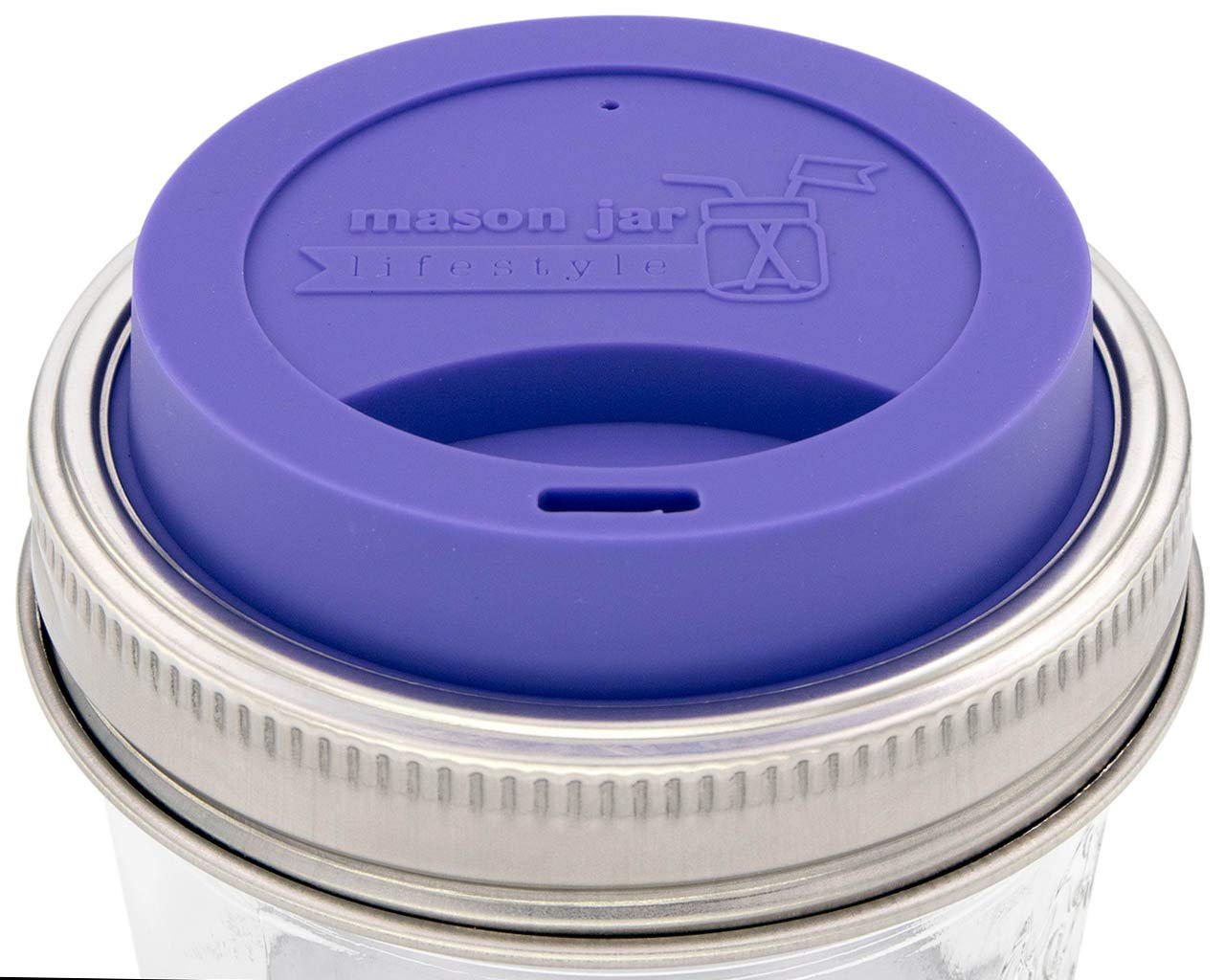 Silicone Drinking Lids With Rust Proof Stainless Steel Bands By Mason Jar Lifestyle (2 Pack, Ultra Violet, Wide Mouth)