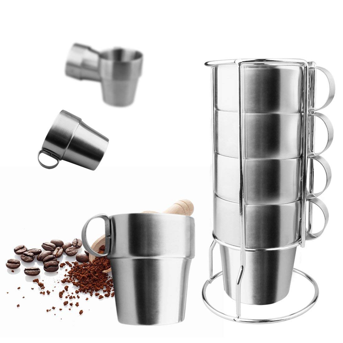 A-Szcxtop Set Of 4 Stainless Steel Coffee Cups Double-Layer Insulated Coffee Mugs With A Stand And A Bag