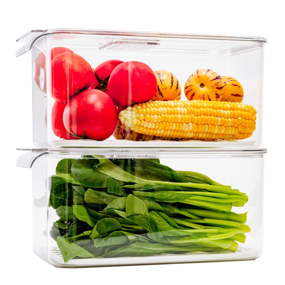 Slideep Refrigerator Food Storage Containers, Lettuce Keeper Large Produce Saver Stackable Container With Lids & Removable Drain