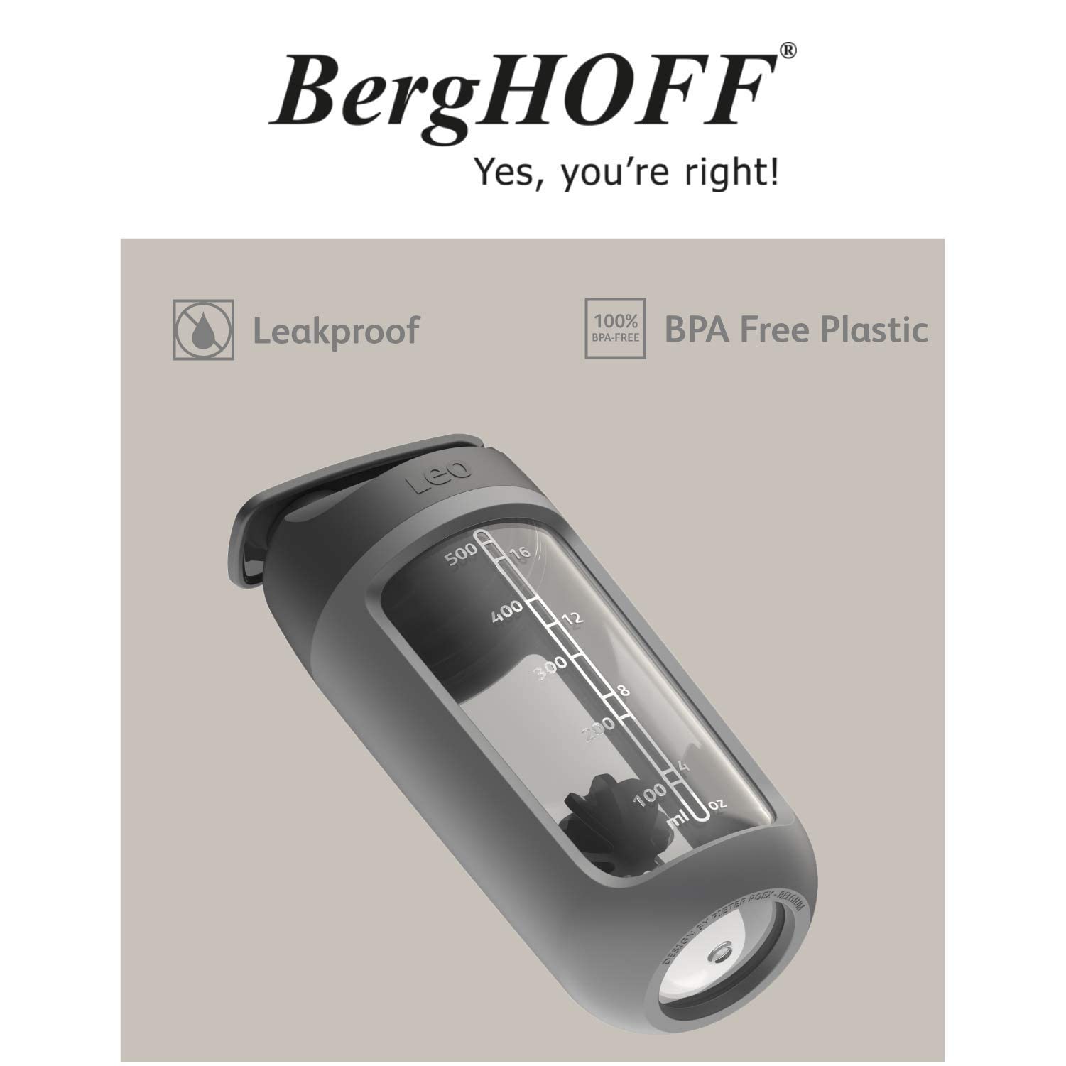 Berghoff Leo Tritan Plastic Shaker Botte, Bpa-Free, Integrated Protein Powder Compartment, Screw-On Lid, Flip Cap, Silicone Mixi