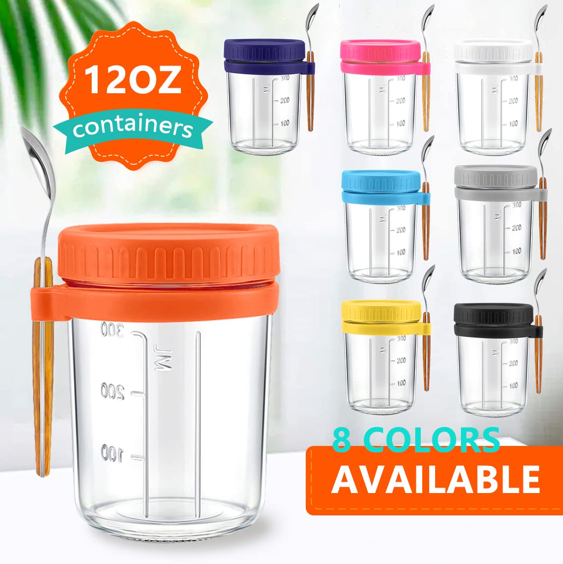 Cghwbea Overnight Oats Containers With Lids And Spoon Set Of 2 Jars 12Oz Airtight Container With Measurement Marks, Reusable On