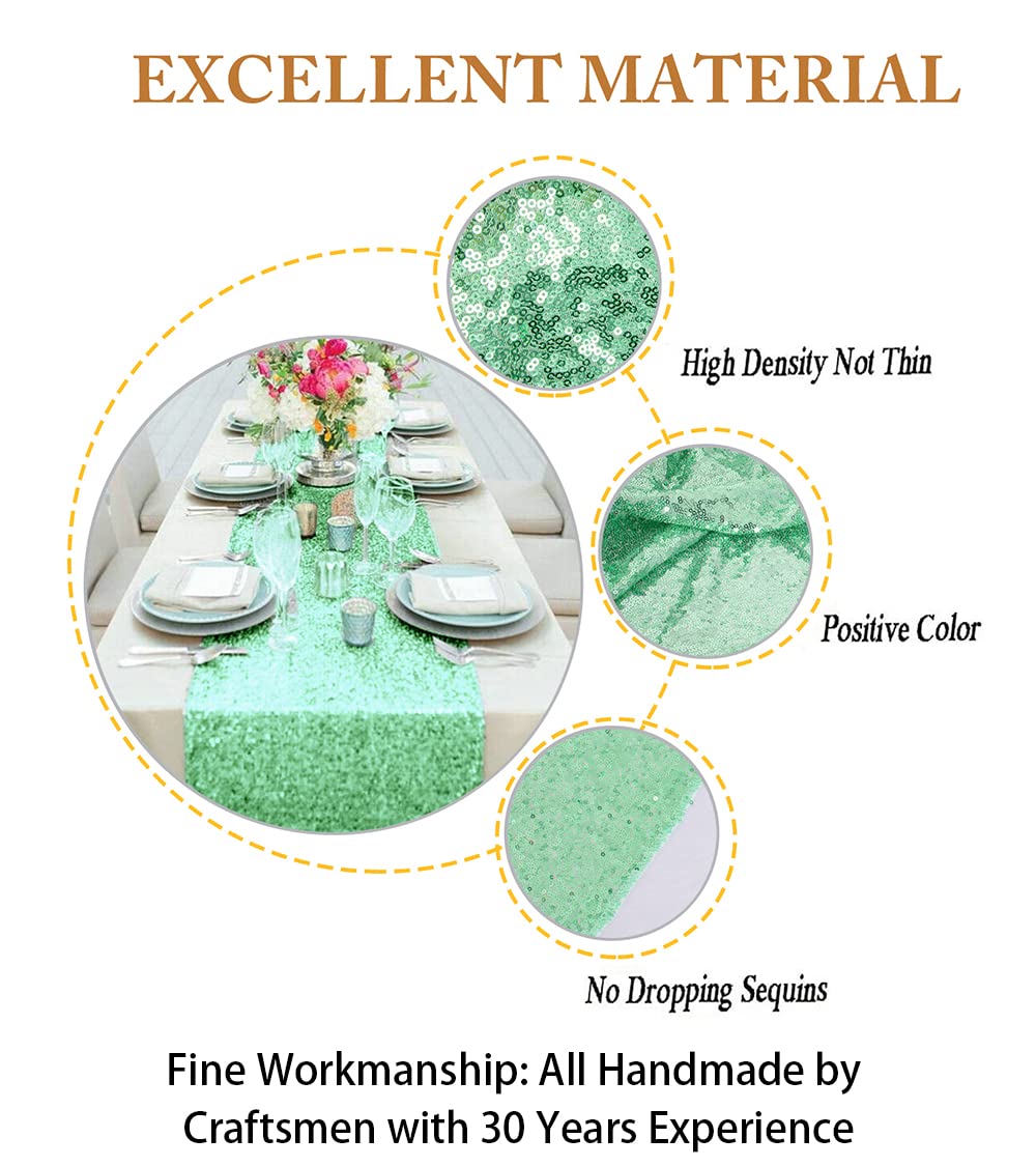 Shidianyi 12''*72'' Mint Green Sequin Table Runner Sparkly Metallic Sequin Runner For Wedding Party Dinner Reception Light Green