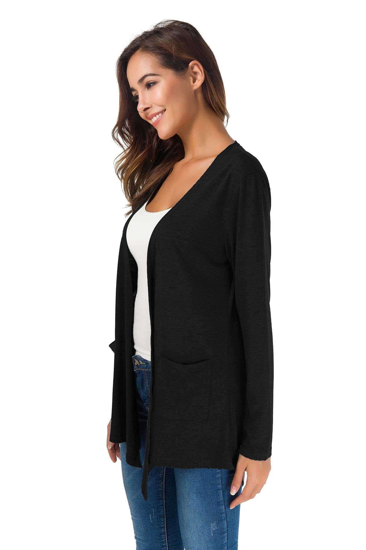 Towncat Cardigans For Women Loose Casual Long Sleeved Open Front Breathable Cardigans With Pocket (Black,M)