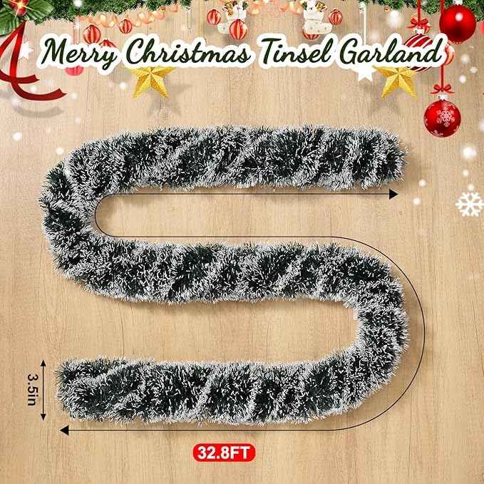 JXITON 33FT Christmas Tinsel Garland Green Metallic Hanging Twisted Garland Greenery Garlands for Christmas Tree Fireplace Mantl