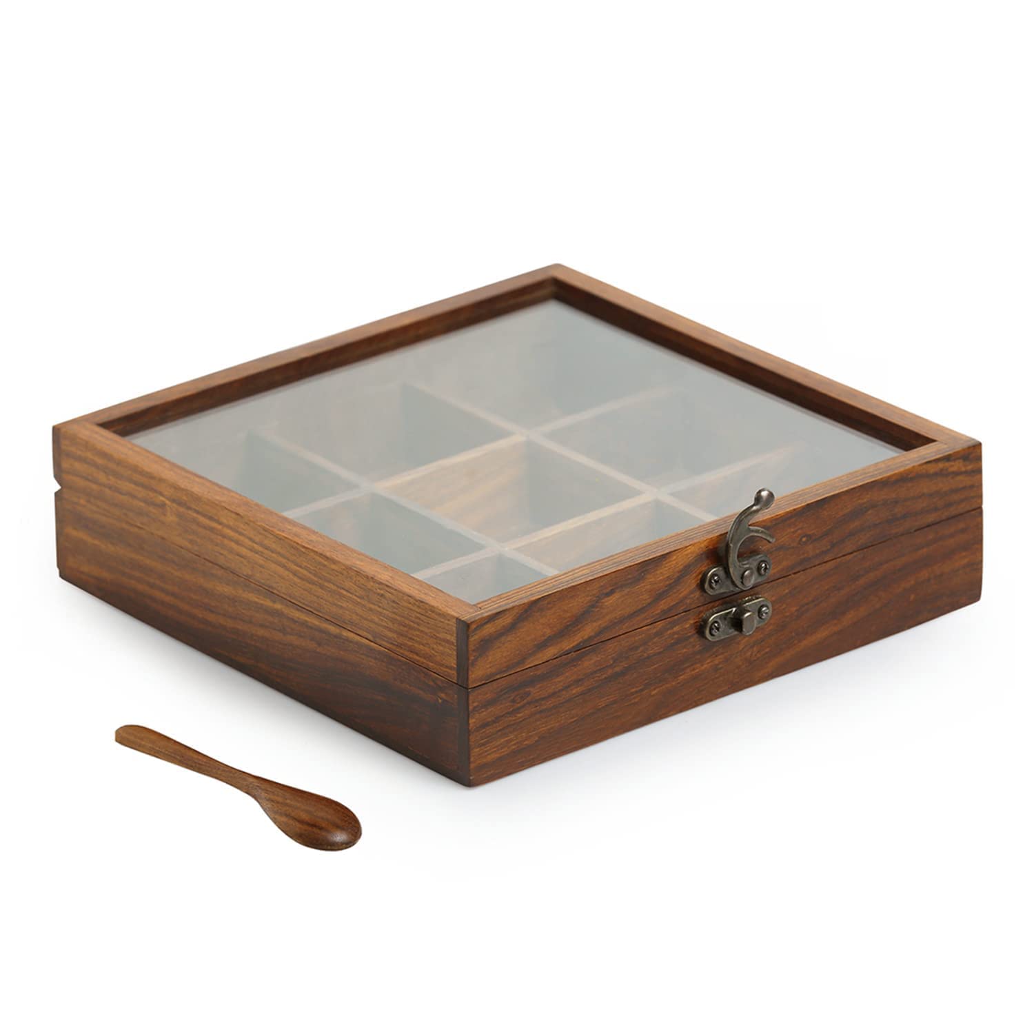 Trust Rox Wooden Containers For Masala Dabba Spices Spoon Masala Box With Spice Box Petti Namak Anjarai Dani Sheesham Wood, 9 De