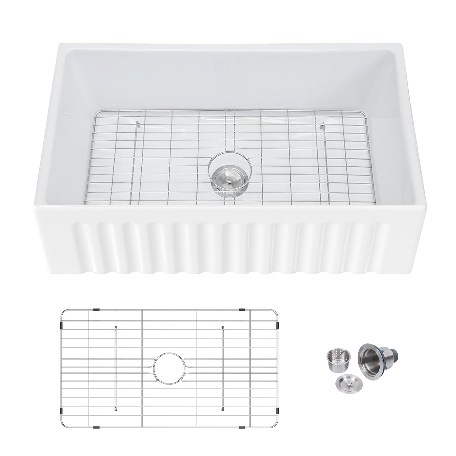 Mocoloo 36 White Kitchen Sink - 36 x 20 Inch Farmhouse Sink Ceramic Reversible Curved Apron Front Porcelain 10 Deep Single Bowl 