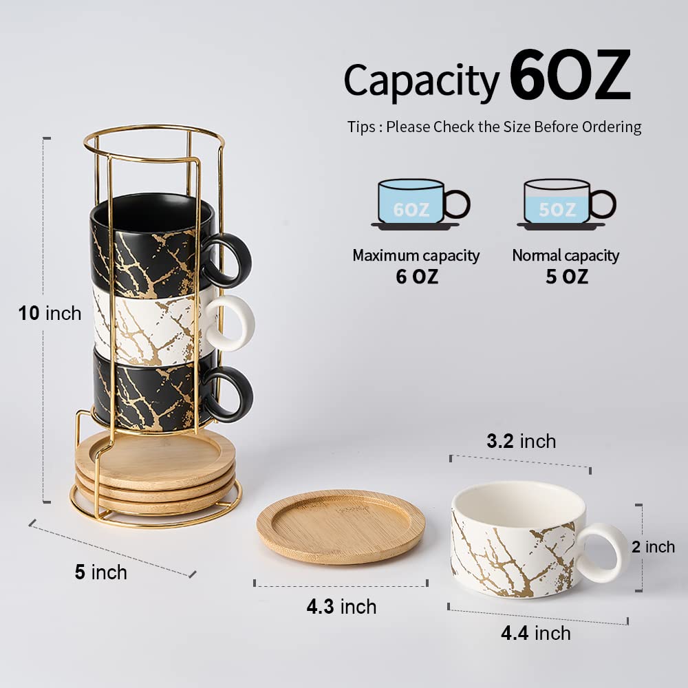 Luka Porcelain Espresso Cup With Metal Stand, 6 Ounce Stackable Ceramic Demitasse Espresso Mugs Cappuccino Cups Set For Latte,Co