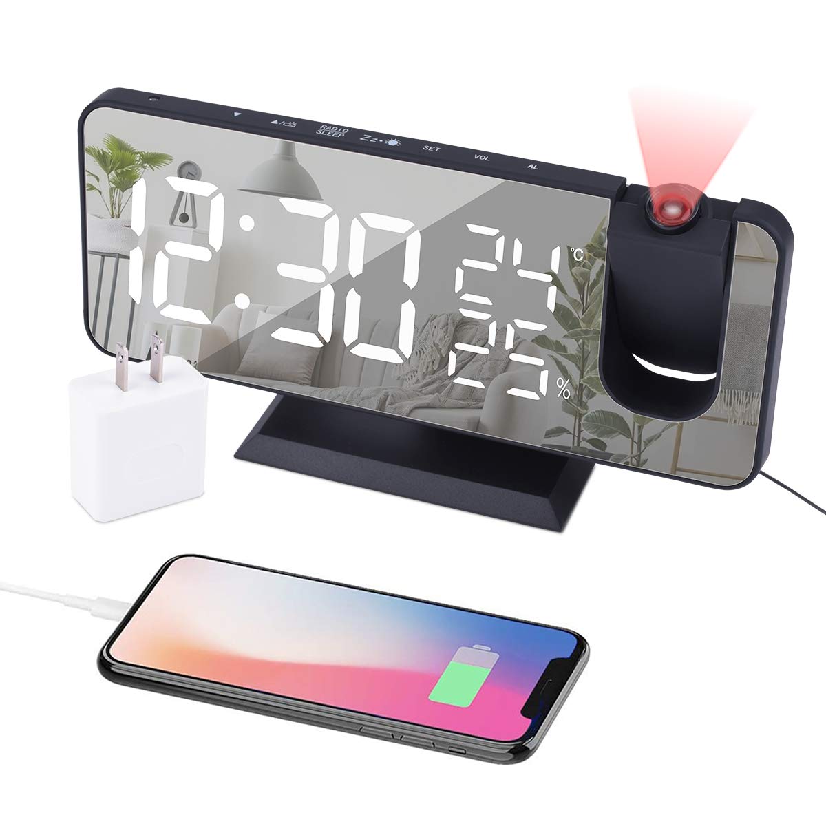 EVILTO Projection Alarm Clock for Bedroom Ceiling Digital Radio with USB Charger Ports, 7.3 Large LED Screen, 4 Dimmer, Dual Ala
