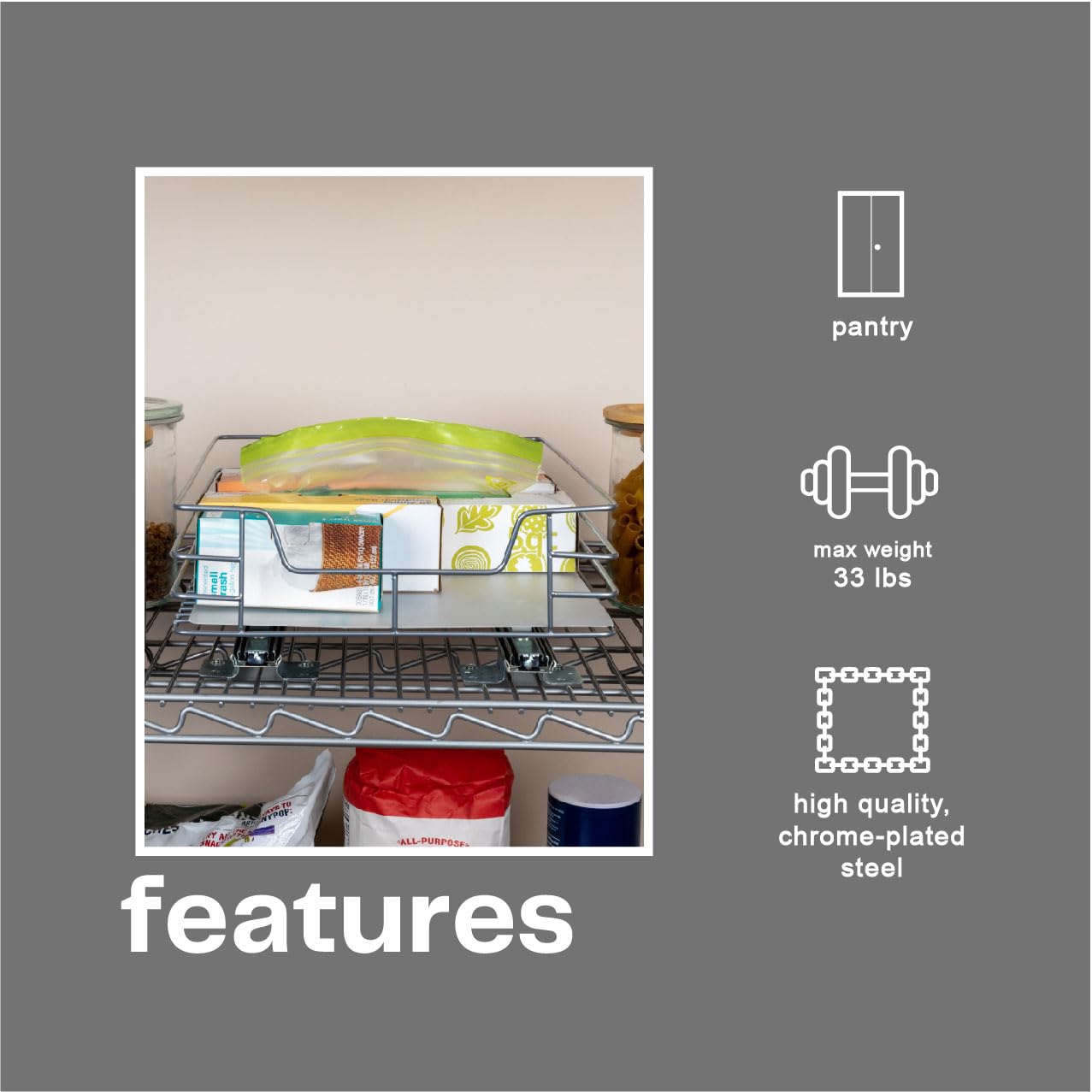 Household Essentials Sliding Pantry Organizer,4.92'' H X 12.01'' W X 15.94'' D,Perfect Kitchen Organization Solution, Durable Po
