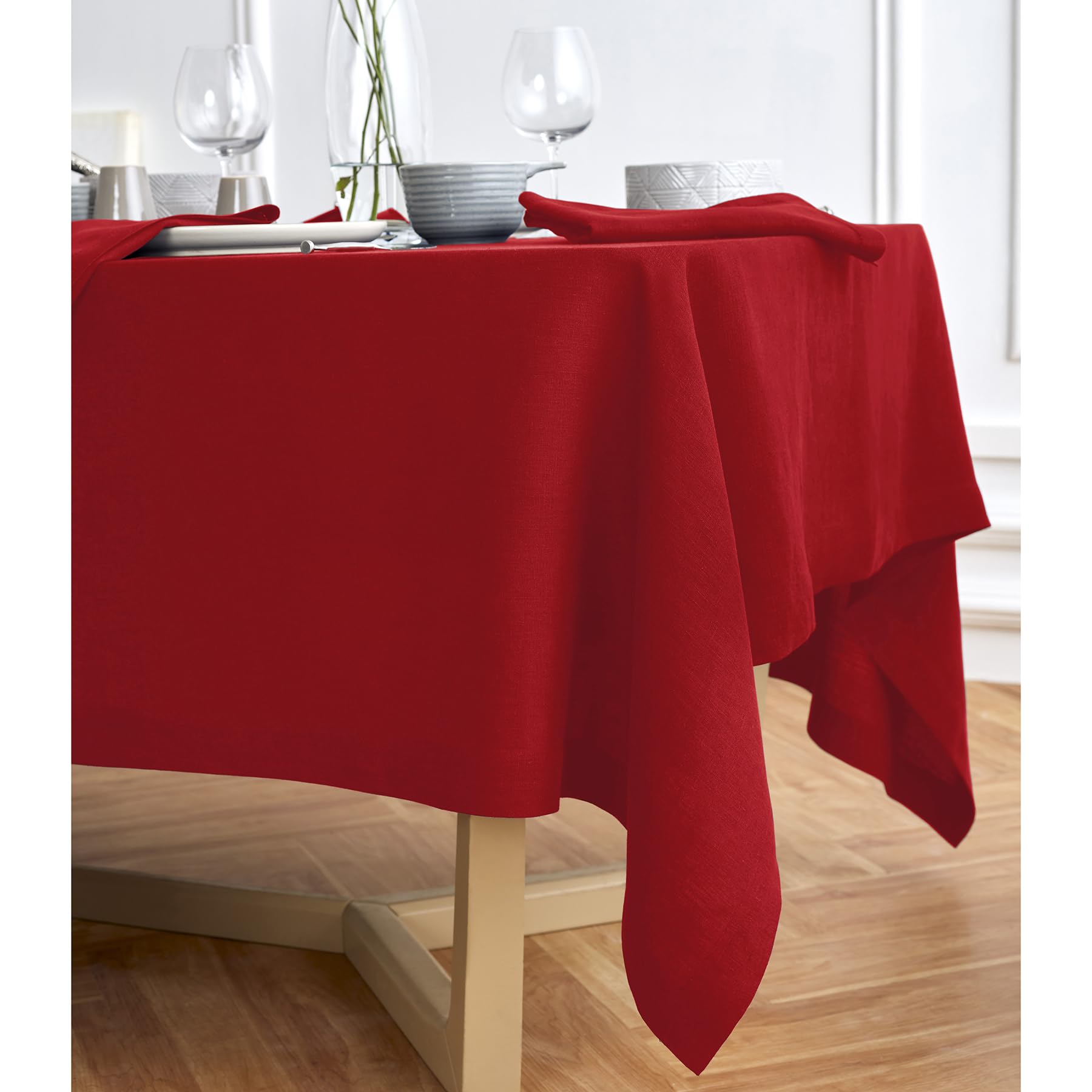 Solino Home Red Linen Tablecloth 132'' L X 70'' W Inch - 100% Pure Linen Prewashed Table Cloth For Rectangle Tables - Sonoma, Ma