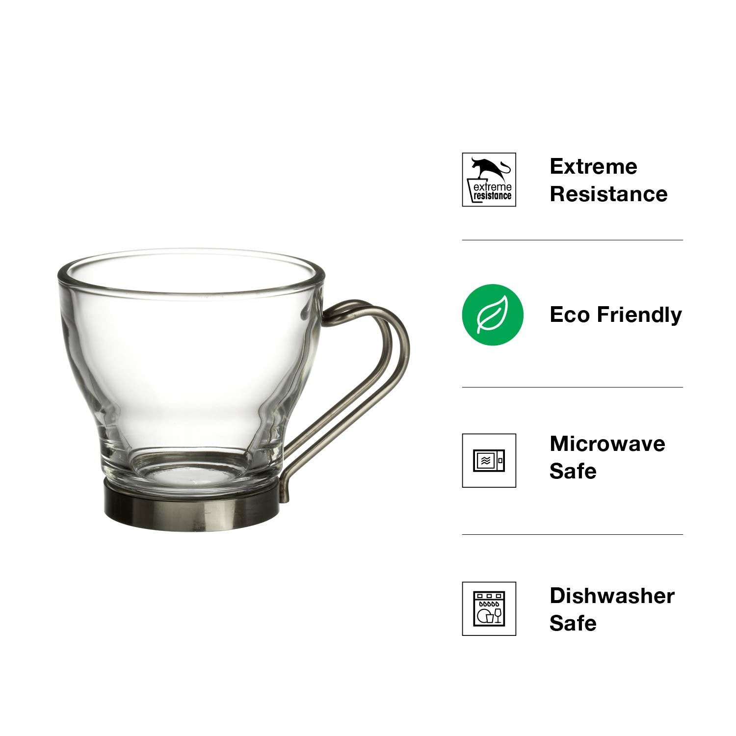 Bormioli Rocco Espresso Cup Set of 4 with Stainless Steel Handle, 3.5 oz, Clear, Gift Boxed - Model 442110GBH021990
