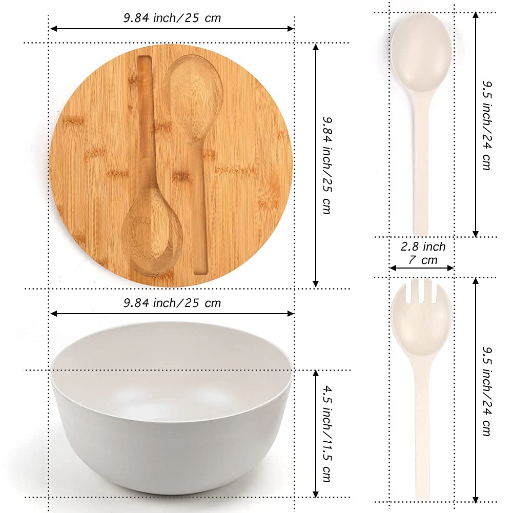 Large Salad Bowl With Lid, Bamboo Fiber Salad Serving Bowl Set With Utensils, 9.8Inches Mixing Bowl With Servers, Solid Bamboo W