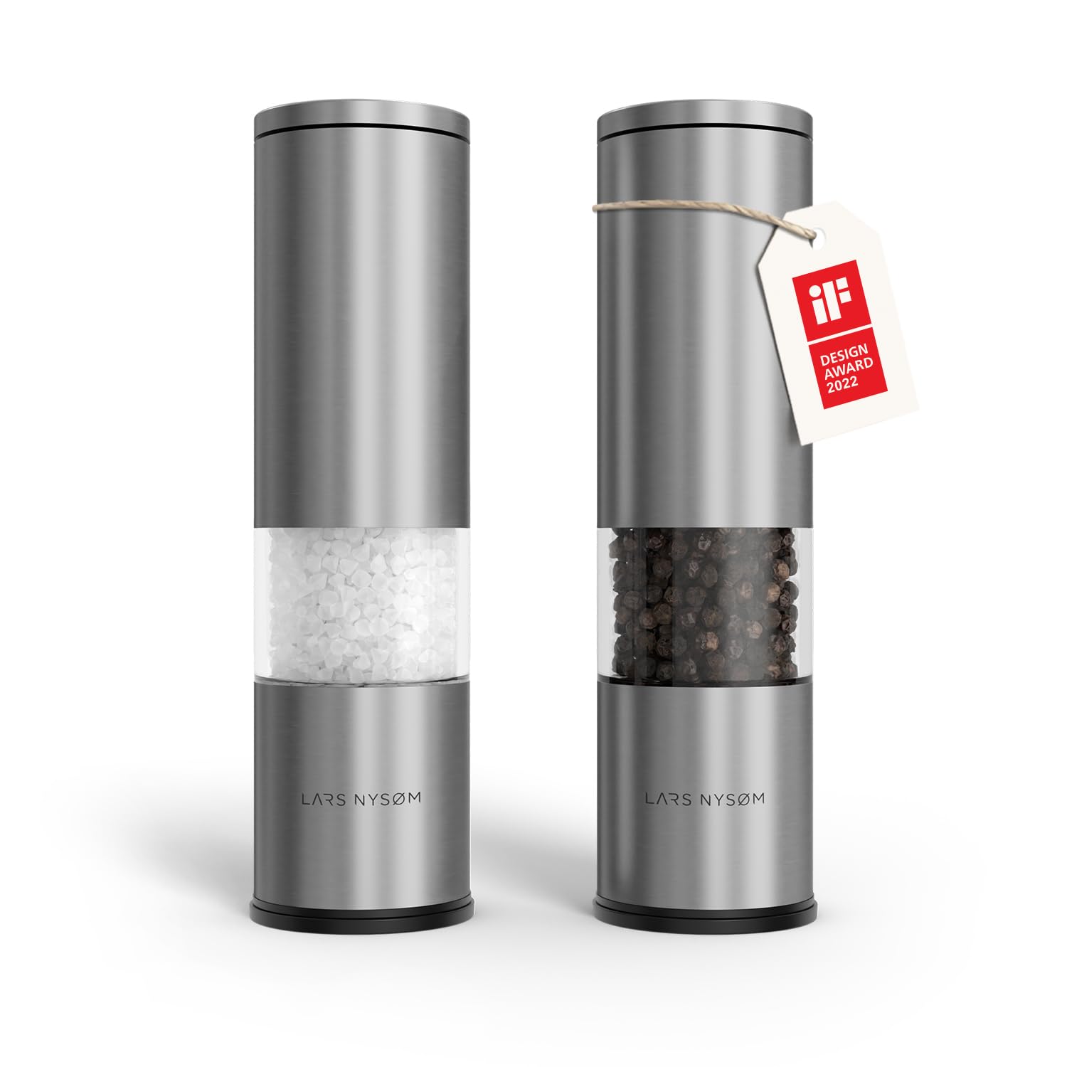 LARS NYSAM Salt and Pepper Mills Set Stainless Steel with Adjustable ceramic grinder 2 pieces I Design Spice Mills Set Manual (Stainless Steel)