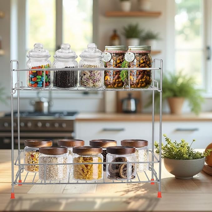 SAAMARTHYA 2 Tier Kitchen Rack, Stainless Steel Countertop Organizer for Spice Jars, Masala Boxes, Grocery & Kitchen Essentials