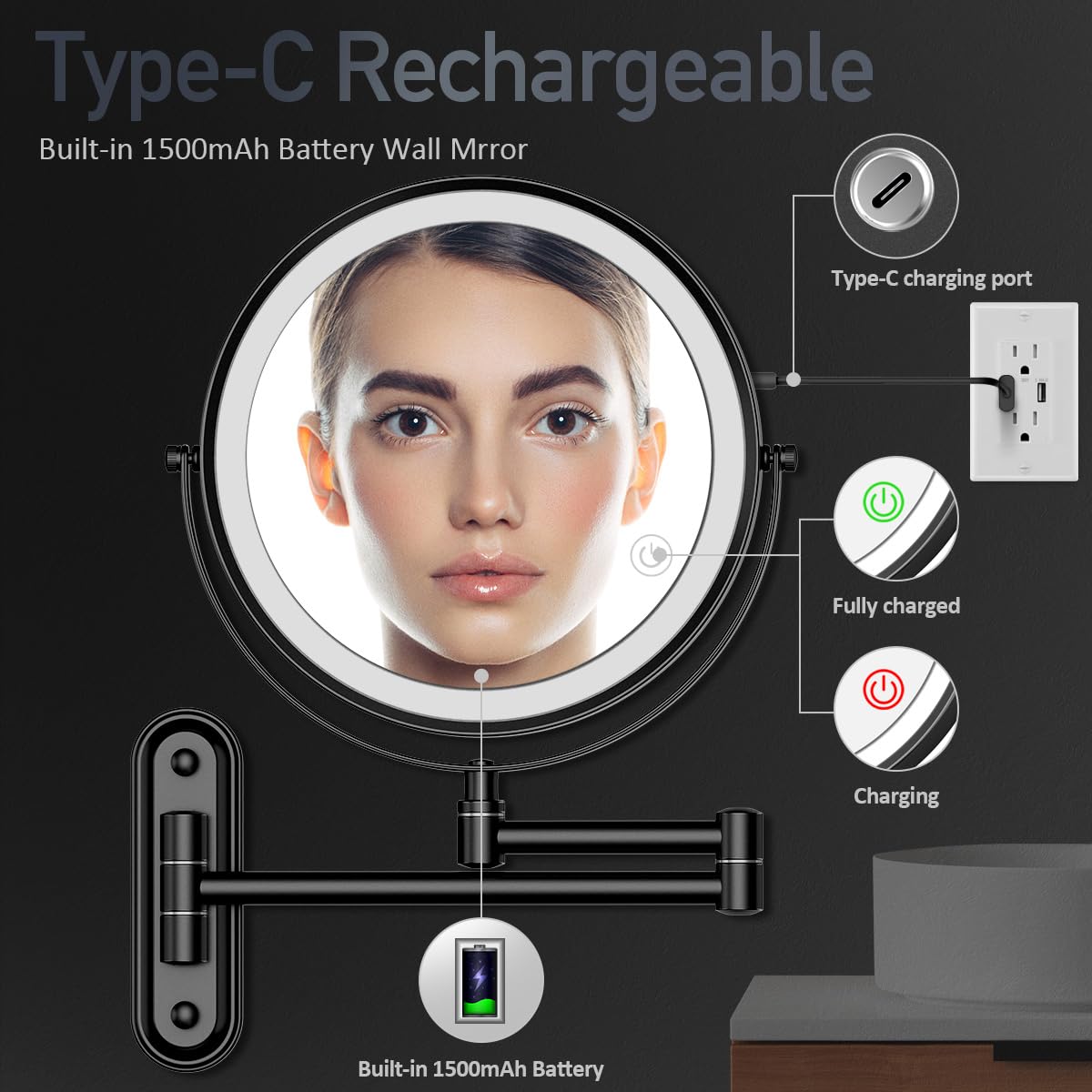 Rocollos Rechargeable Lighted Wall Mounted Makeup Mirror With 3 Color Lights,Dimmable Touch Screen,8 Inch Led Double Sided 1X/10