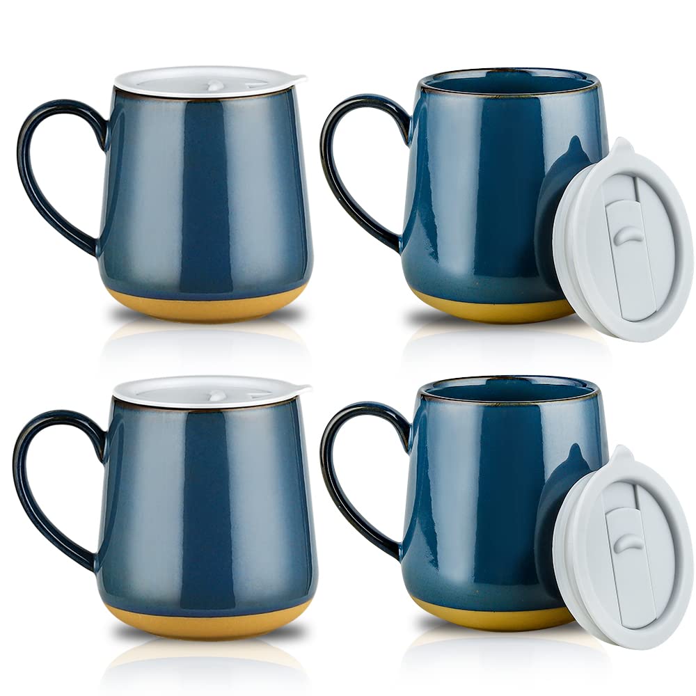 Hvh Ceramic Coffee Mug With Lid, 17Oz Coffee Mugs Set Of 4, Ceramic Coffee Cups Set With Large Handle, Large Ceramic Mug With Li
