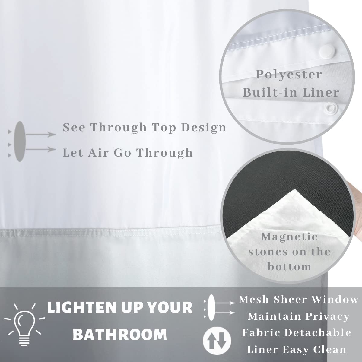 Ecoehoe 71'' W X 79 L Hook Free Fabric Shower Curtain With Polyester Snap-In Liner With Magnets-Hotel Quality Top See Through Gr